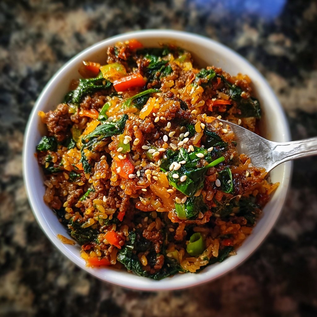Ground Beef And Spinach Rice Bowl